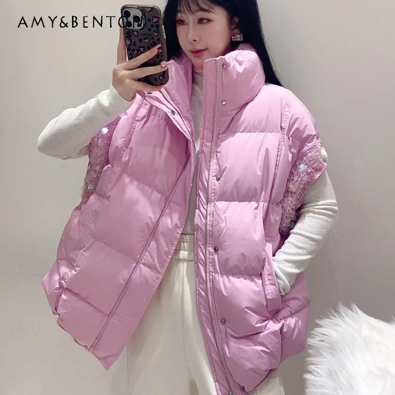 

2024 Winter New Korean Style Loose Casual Top Bead Sequined Down Cotton Vest Women's Thickened Warm Oversized Waistcoat Jacket