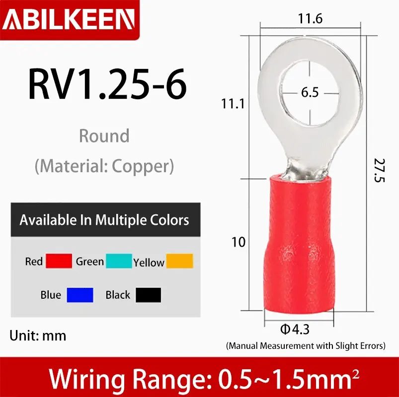 RV1.25-6 Cold pressed Wiring Terminal Pre insulated Connector Voltage Terminal Metal Ring Terminal Connector