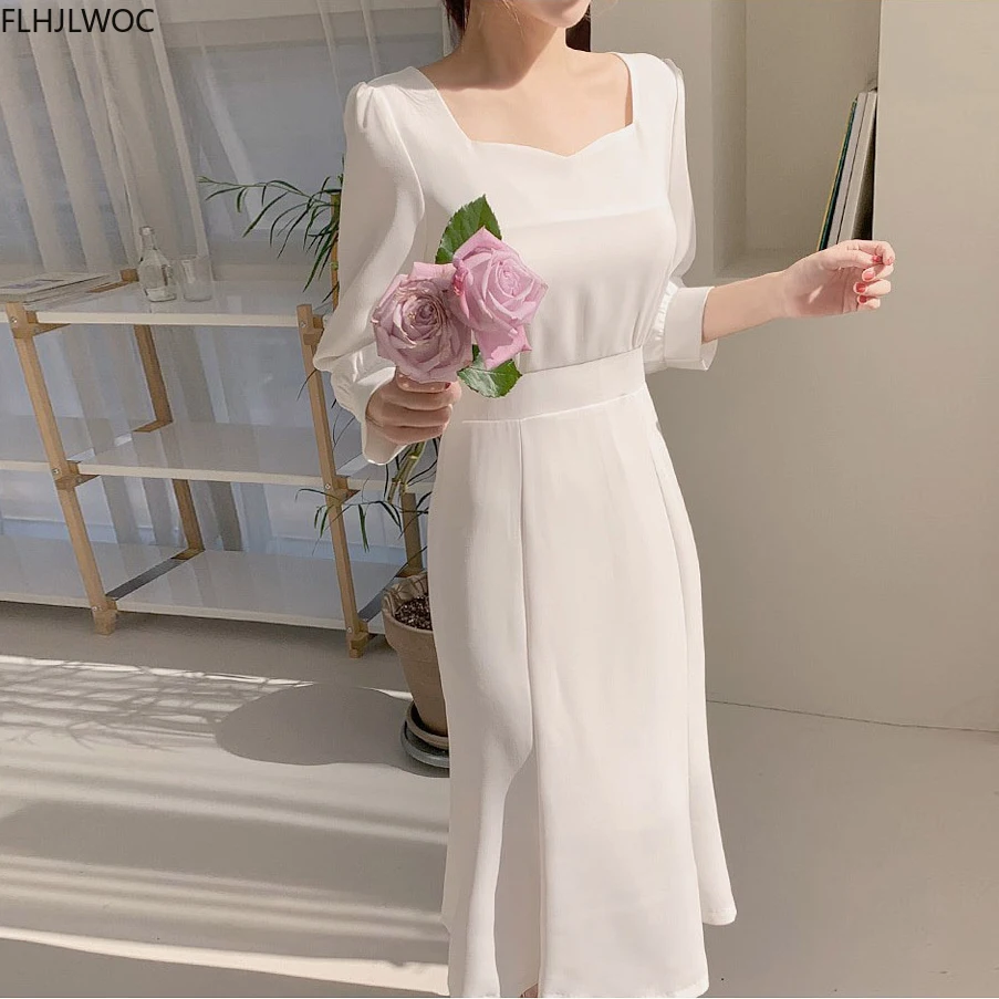 Eleganckie biuro Lady sukienki do pracy modne koreańskie ubrania muszka sznurowane biały Temperament Retro sukienka Vintage Chic Flhjlwoc