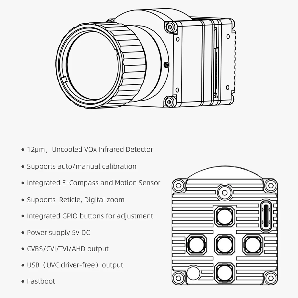 Промышленная неохлаждаемая инфракрасная тепловизорная камера 640x512, выход SDI и USB, мониторинг безопасности, решение ASIC, с объективом, A1T-SDI
