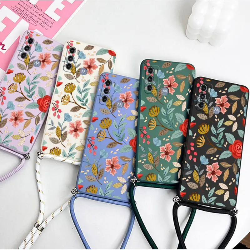 G60 Five Petals FlowerLanyard Silicone Phone Case For Motorola Moto G60 G62 G54 G24 G52 G84 G60S G100 G30 G40F G34 G42 G13 Cover