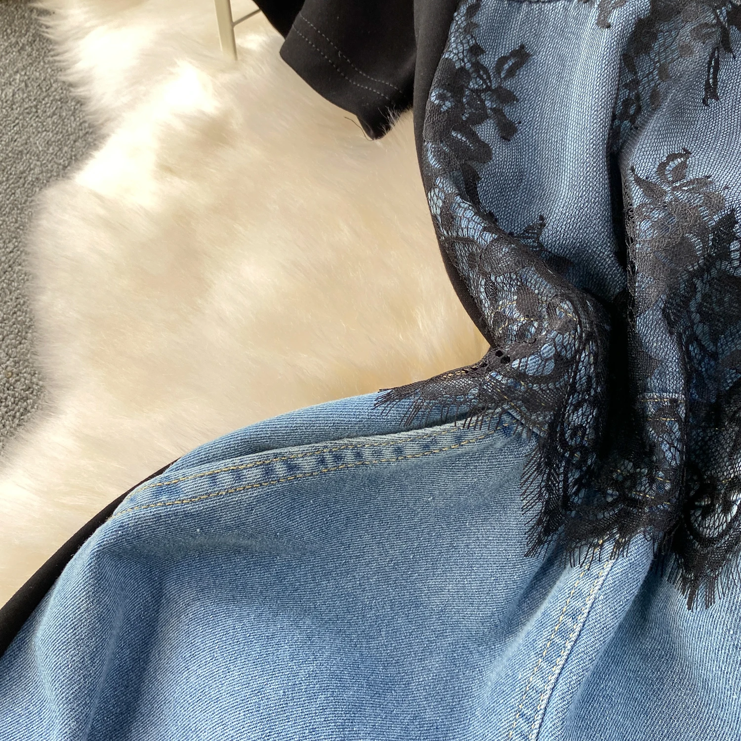 Female Fashionable High Waisted Split Denim Long Lace Patchwork Round Neck T-Shirt Dress