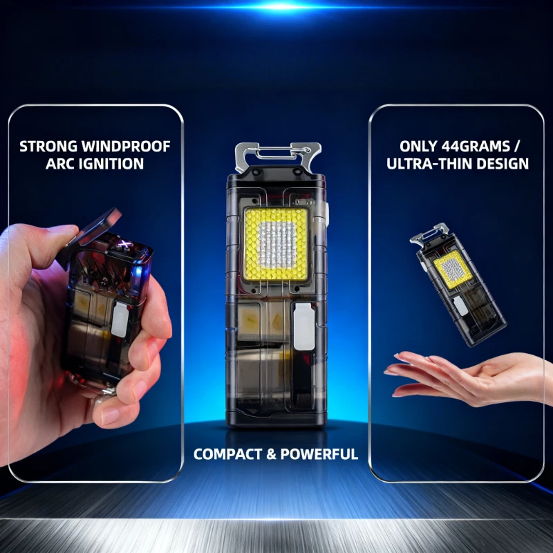 

5-in-1 Mini Keychain Multi-Tool - Rechargeable LED Flashlight, Lighter & Opener, SOS Strobe for Camping Hiking Outdoor Emergency