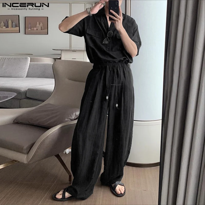 INCERUN Men Sets Solid Color Lapel Long Sleeve Shirt & Pants Two Pieces Sets Streetwear Loose Fashion Casual Men's Suits S-5XL