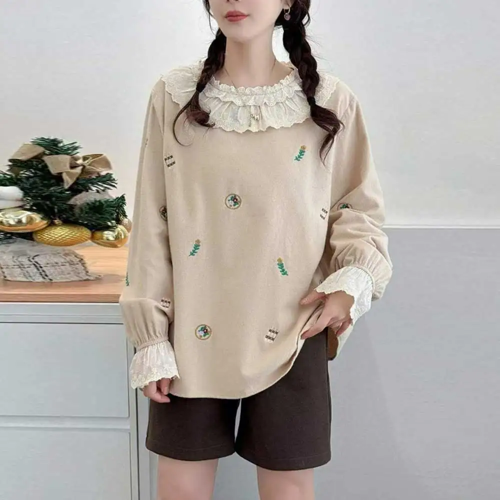 

Japanese Sweet Mori Girl Floral Embroidery Brushed Cotton Shirts Women Autumn Ruffled Collar Long Sleeve Casual Pullover T-Shirt