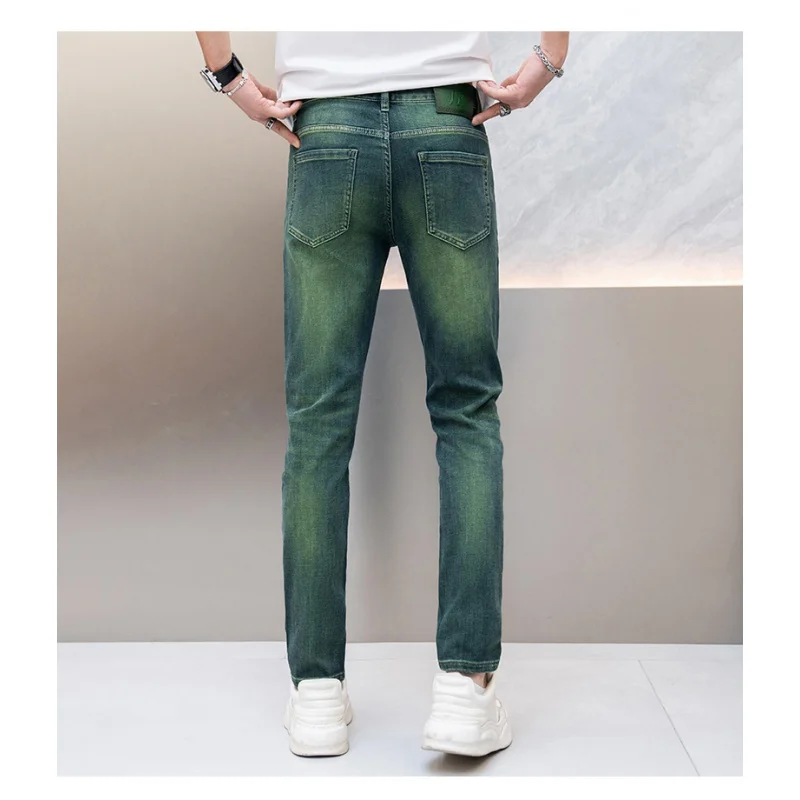 2024 New emerald green fashion jeans men's light luxury high-end fashion elastic fitted all-matching casual skinny trousers