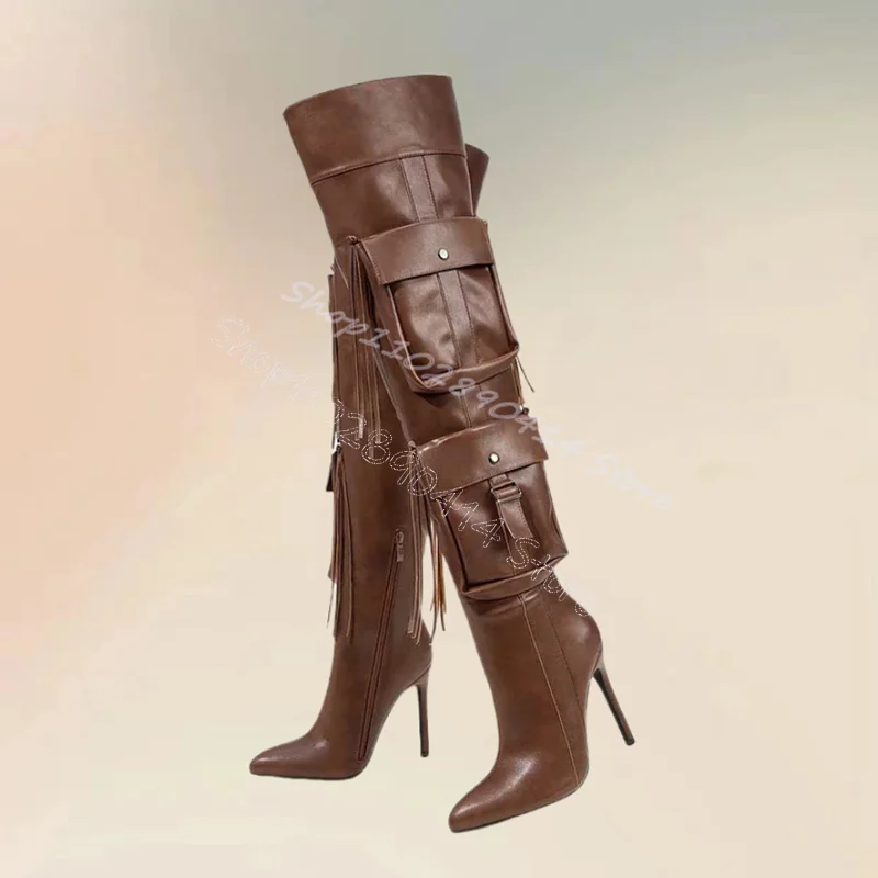 

Brown Pockets Tassels Design Pointed Toe Boots Side Zipper Women Shoes Thin High Heels Sexy Party Feast 2025 Zapatos Para Mujere