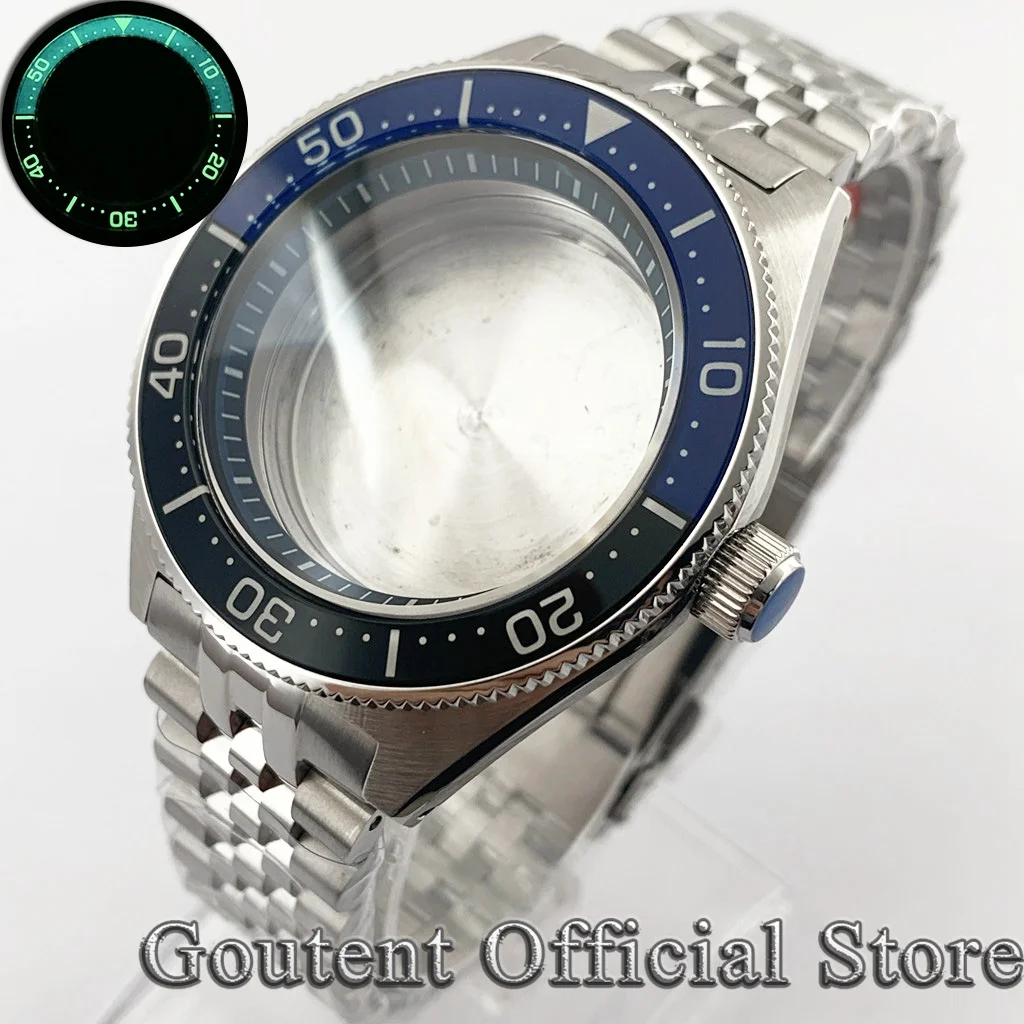 

Goutent 43mm Silver Watch Case Strap Domed Sapphire Glass Luminous Ceramic Bezel 200 meters waterproof Fit NH35 NH36 Movement