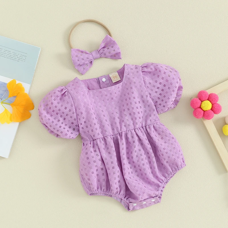 Infant Baby Girl Summer Jumpsuit Mesh Plaid Short Puff Sleeve Square Neck Romper with Bow Headband