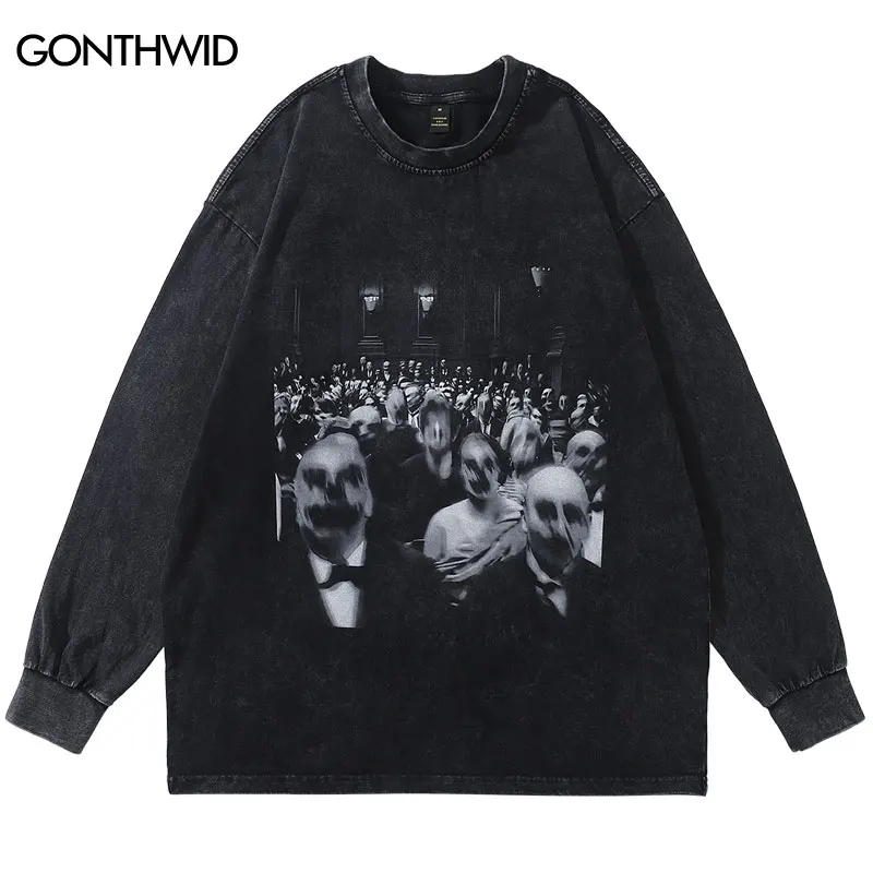 Men T-Shirts Streetwear Hip Hop Vintage Graphic Print Punk Gothic Long Sleeve Washed Tshirt Harajuku Casual Cotton Loose Shirts