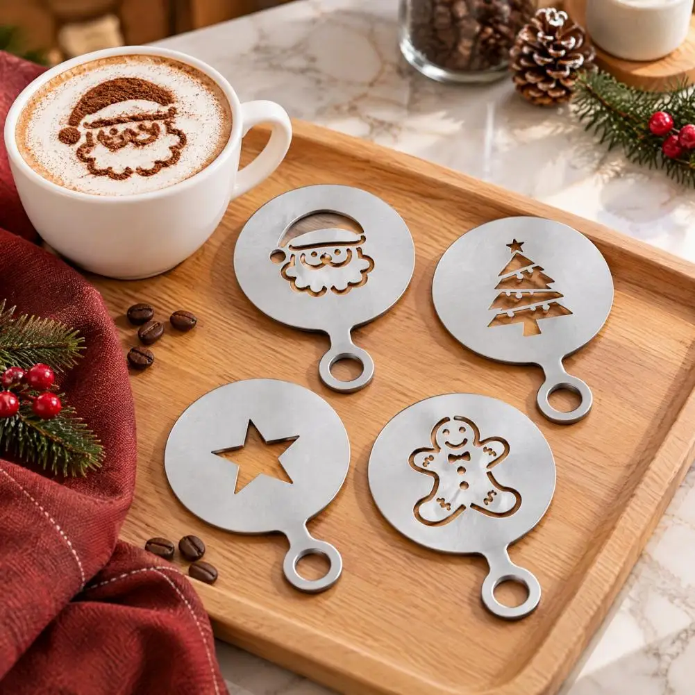 Coffee Beverage Accessories 4pcs Stainless Steel Latte Art Stencil Set Reusable Coffee Powder Sifters Diy Cocoa Cinnamon Cake