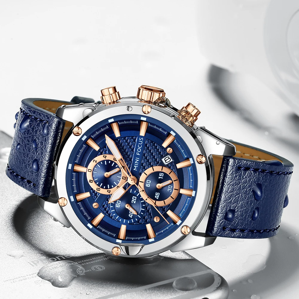 MINI FOCUS Business Quartz Watches for Man Waterproof Luminous Chronograph Wristwatch Leather Strap Clock reloj hombre 0161G