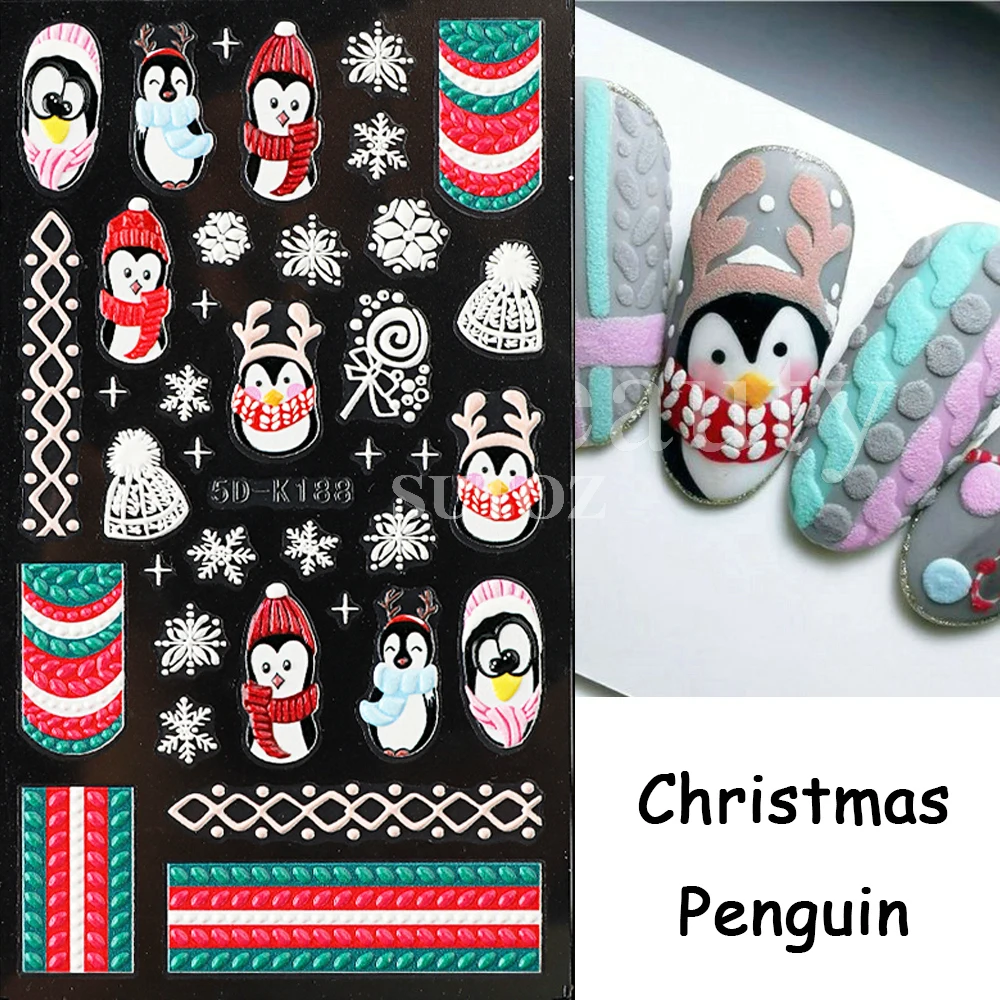 5D Christmas Penguin Nail Art Stickers Cartoon New Year Design Santa Claus Snowman Decals Winter Manicure Decors LEB5D-K188