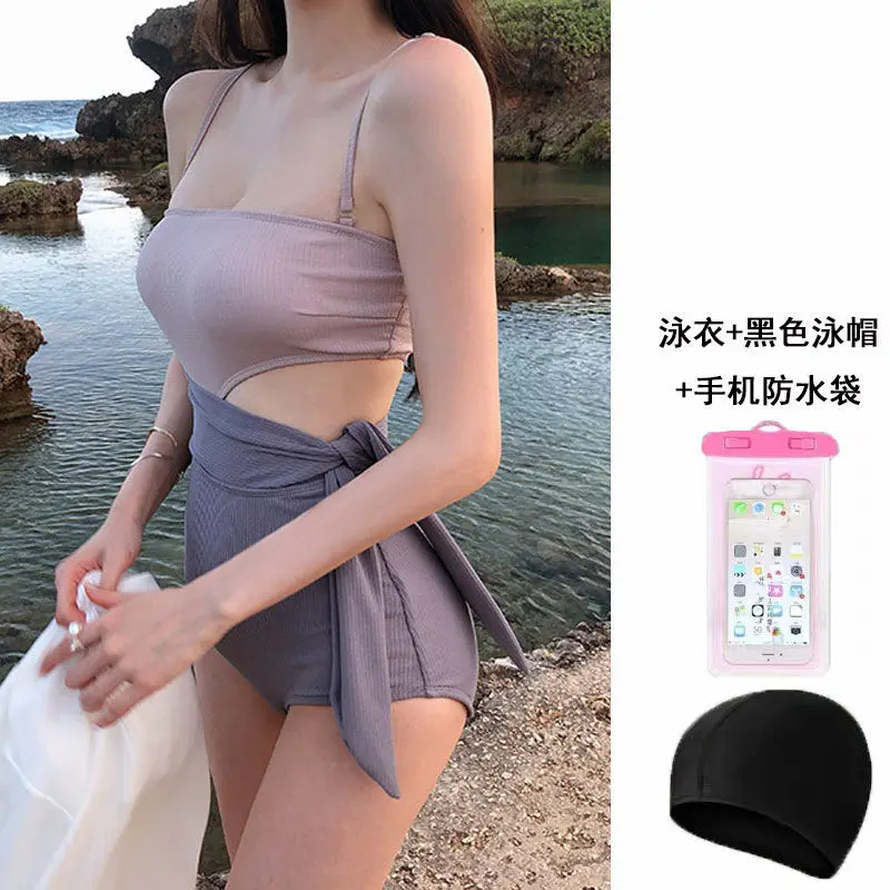 Women's Triangular One-piece Backless Sexy Pink Winter Hot Spring Pure Bikini Swimwears