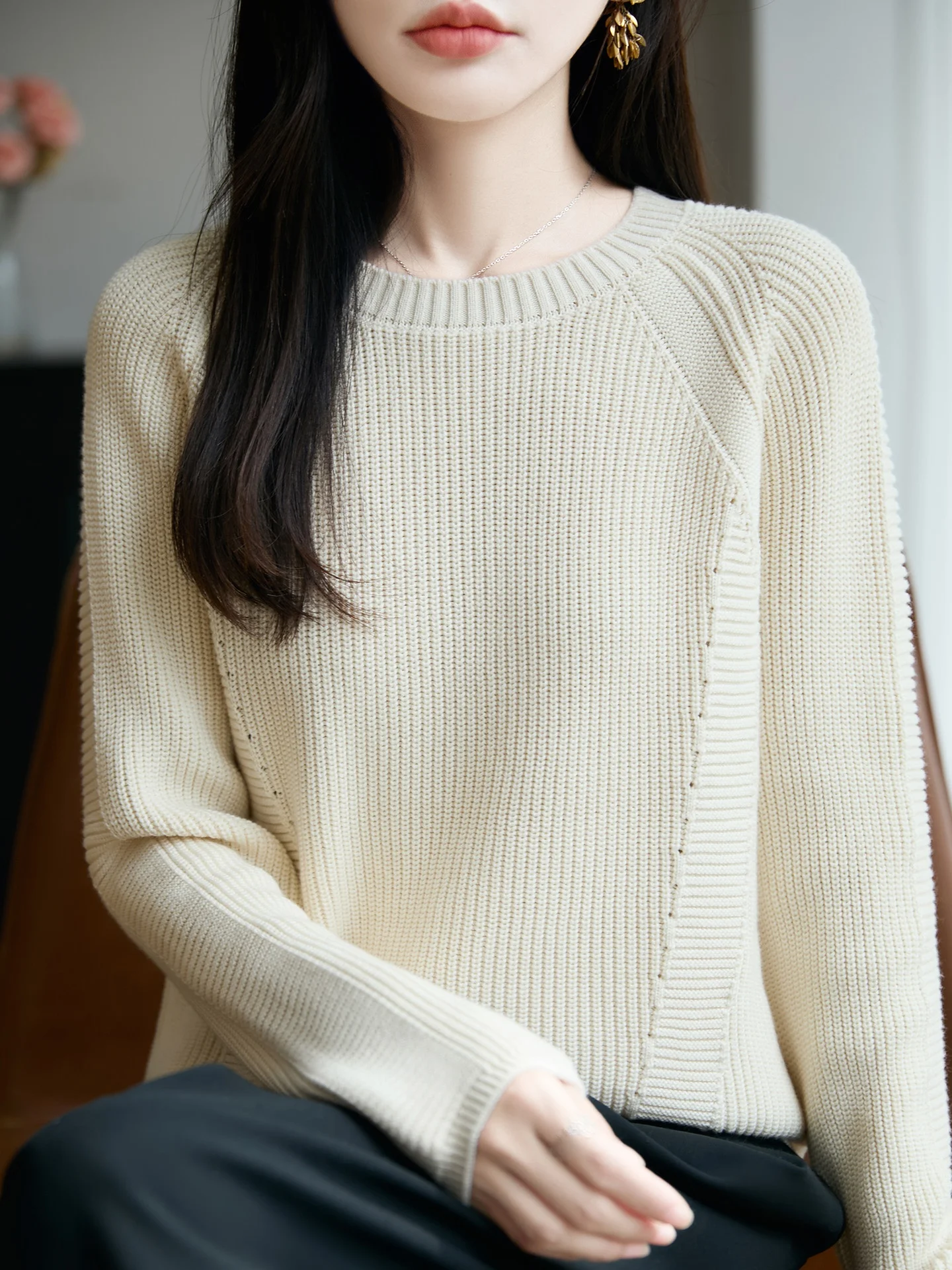 

00% вязаный круглый свитер из чистого хлопка, женский осенне-зимний свободный свитер, длинный свек, повседневный, из мягкой ткани