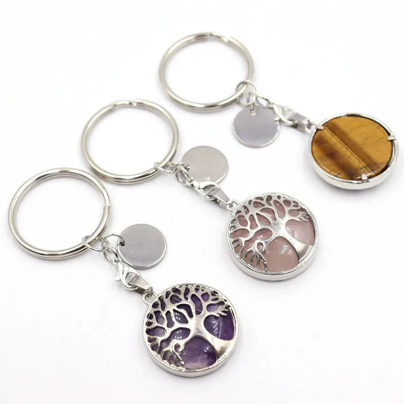 birthstone keychain Natural Crystal Stone Original Keychain Tree of Life Keychain Lucky Key Ring Car Decor Christmas Women Men