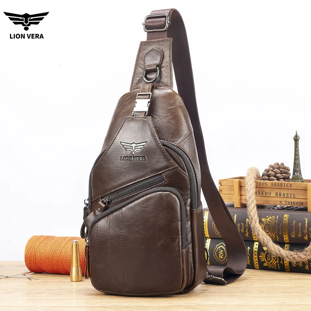 

LION VERA Men's Genuine Leather Chest Bag Sports and Leisure Backpack Large Capacity Travel Shoulder Crossbody Chest Bag