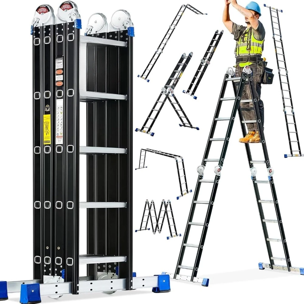 Step Ladder  Folding Ladder 19.6ft Multi-Purpose Aluminium Extension Ladders, 7 in 1 Folding Adjustable Telescoping Step Ladder