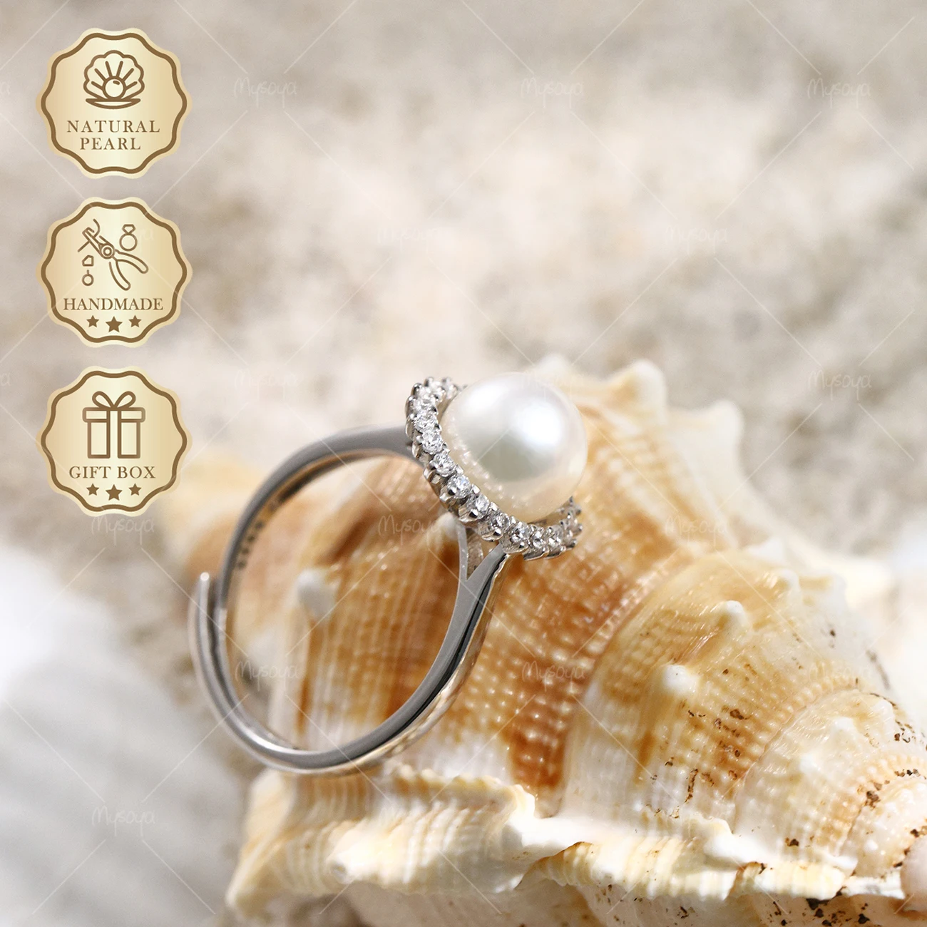 

MYSOYA Akoya White Pearl Open Ring 8.5-9mm Sunflower Ring, Gift Box, Birthday & Wedding Jewelry C332