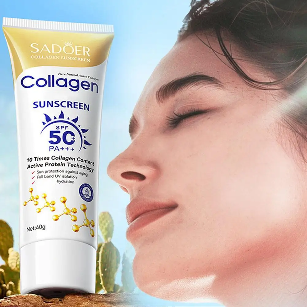 Protector solar de colágeno, crema solar refrescante, hidratante, protector solar de larga duración para la piel, protector solar para el cuerpo y la cara SPF 50+