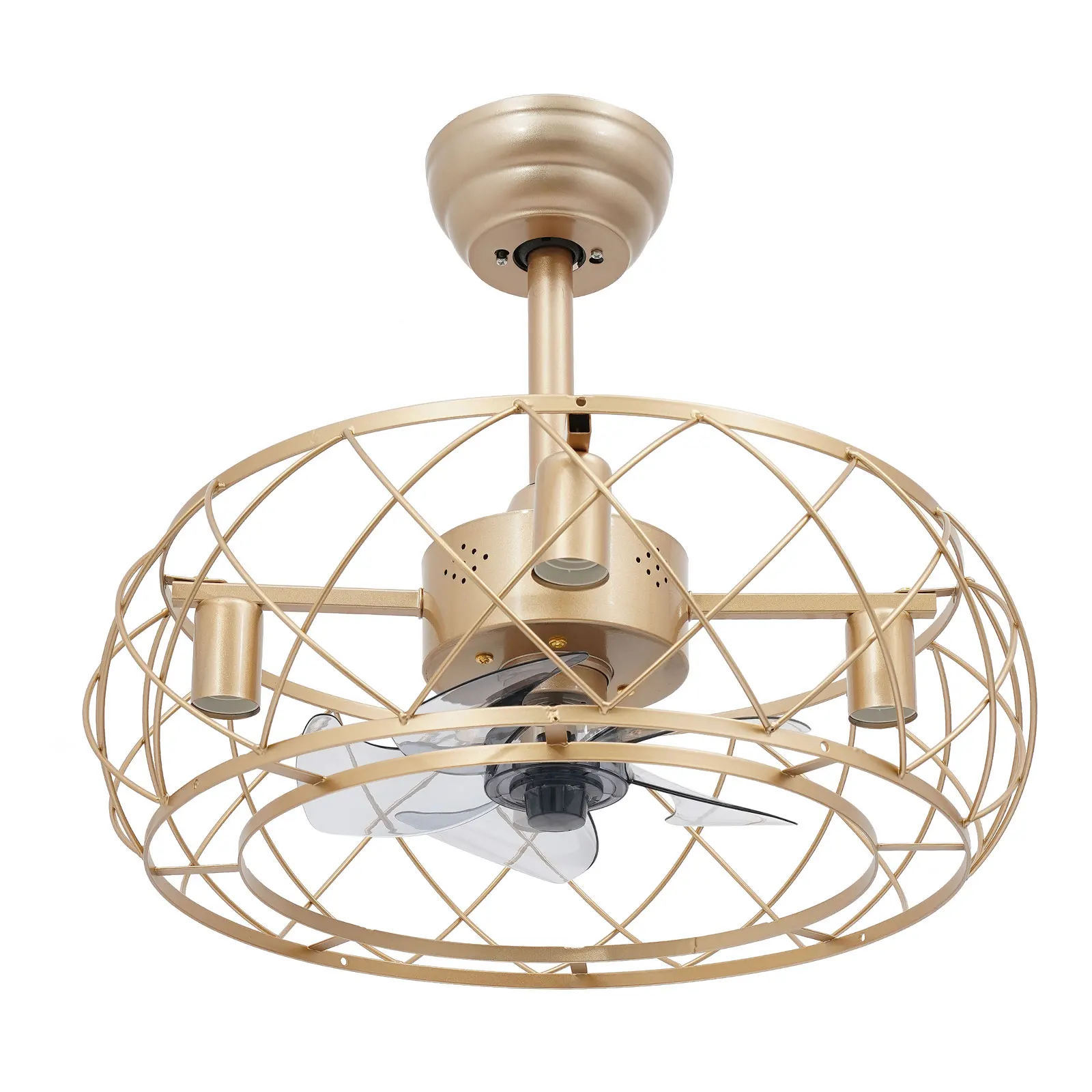 20in 3 Speed Gold Cage Ceiling Fan with Light Remote Control 35dB Quiet Pure Copper Motor Adjustable Height Modern Fixture for Bedroom Living Room Hotel