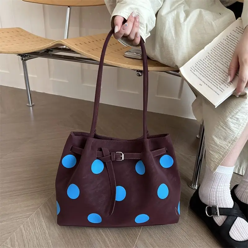 Blue Polka Dot Large Capacity Tote Bag 2026 New Premium Feel Daily Commuting Shoulder Bag