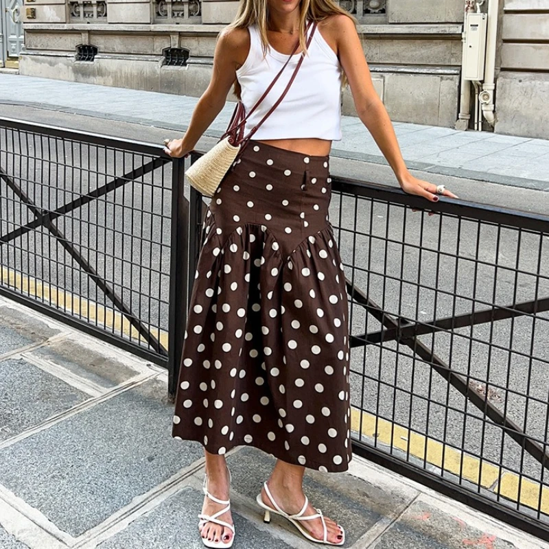 2026 New Polka-Dot Women'S Long Brown Skirts A Line Vintage Ruch High Waist Retro Maxi Casual Skirt Summer Commuter Office Lady