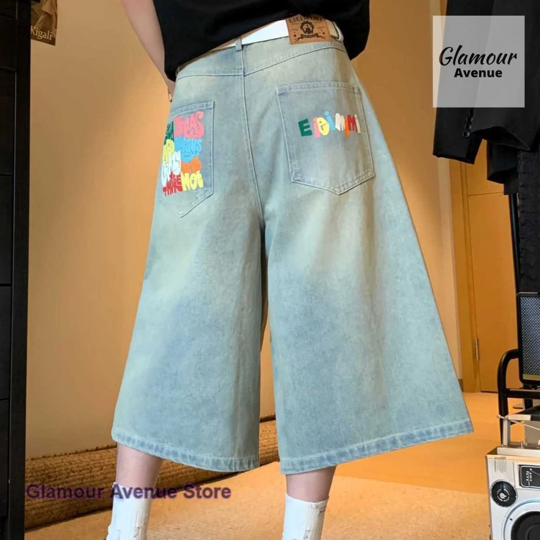 

American retro style color letters high street printed cropped trousers women's summer jeans new loose wide-leg denim shorts.