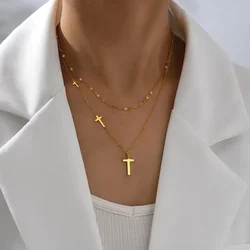 Double Layer Stainless Steel Gold Color Cross Pendant Necklace For Women Girls New Trend Neck Chain Rustproof Jewelry Party Gift