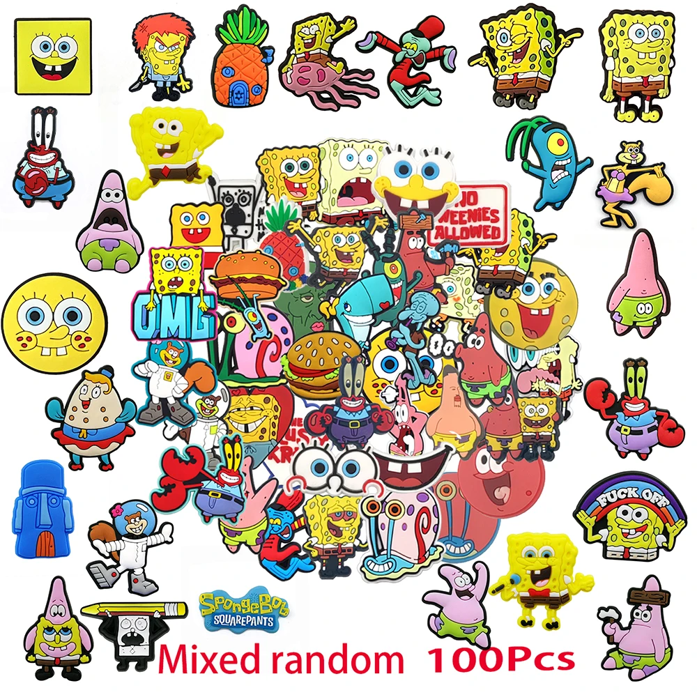 14-100pcs SpongeBob SquarePants Shoe Charms For Slides Sandals, PVC Shoe Decorations Accessories For Christmas Gift Party Favor