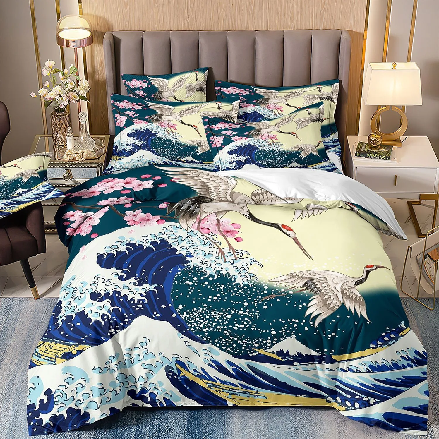 

Ukiyo-e Theme Wave Bedding Set Mountain Exotic Style Duvet Cover Set Twin Queen Size Japanese-Style Duvet Cover