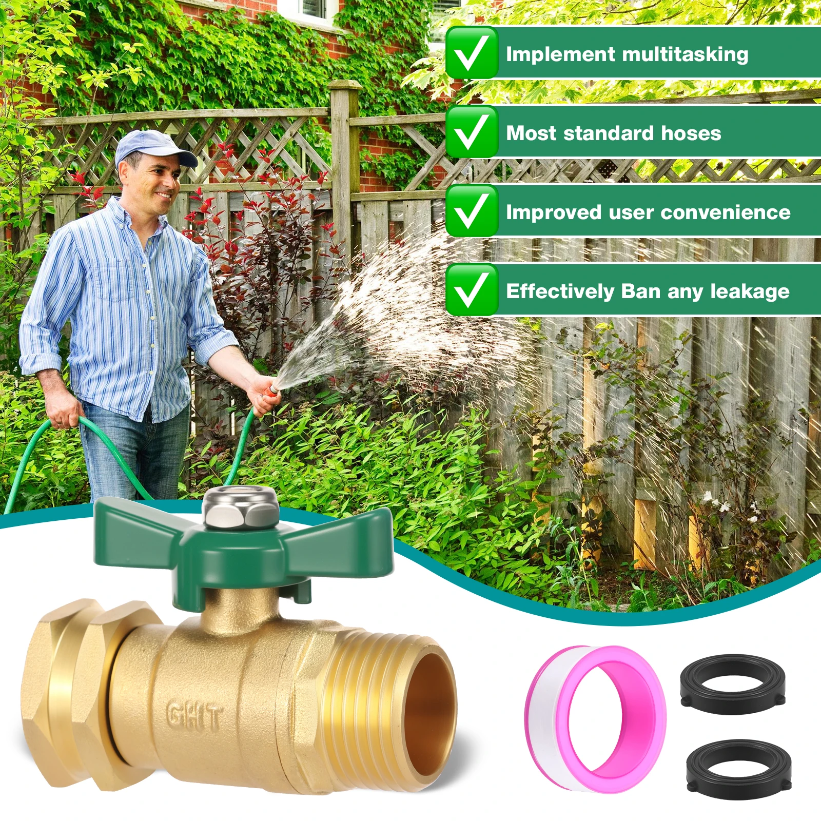 3PCS Garden Hose Shut Off Valve 3/4 Inch GHT High Flow Heavy Duty Brass Water Hose Ball Valve with 2 Washer Universal for Faucet