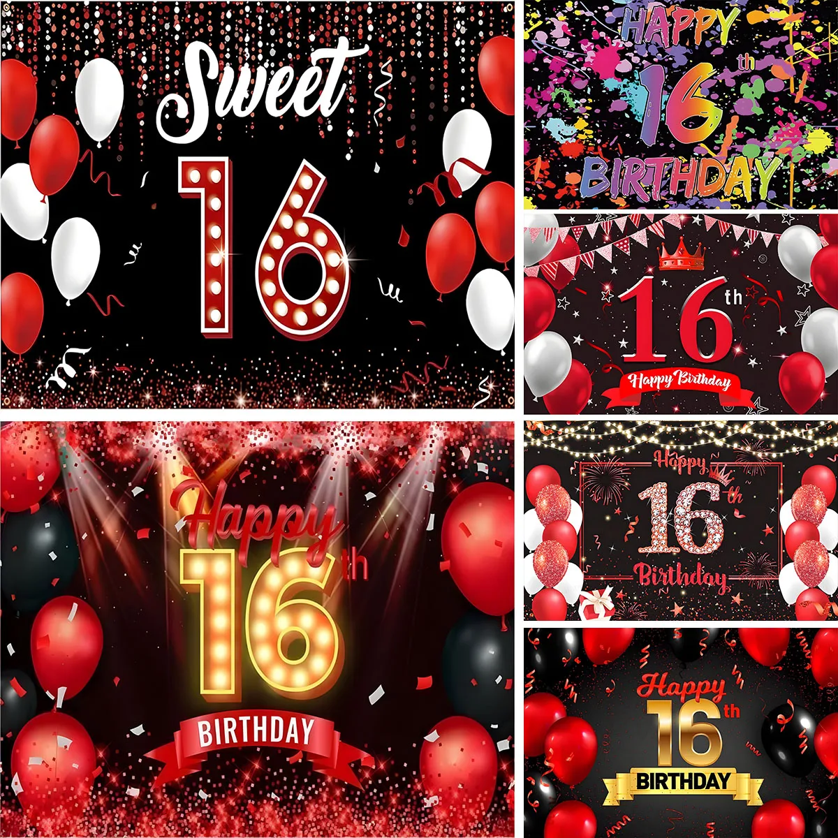 Photography Backdrop Banner Red And Gold For Boys Girls Happy 16 Years Old 16th Birthday Background Party Decor Sign Supplies