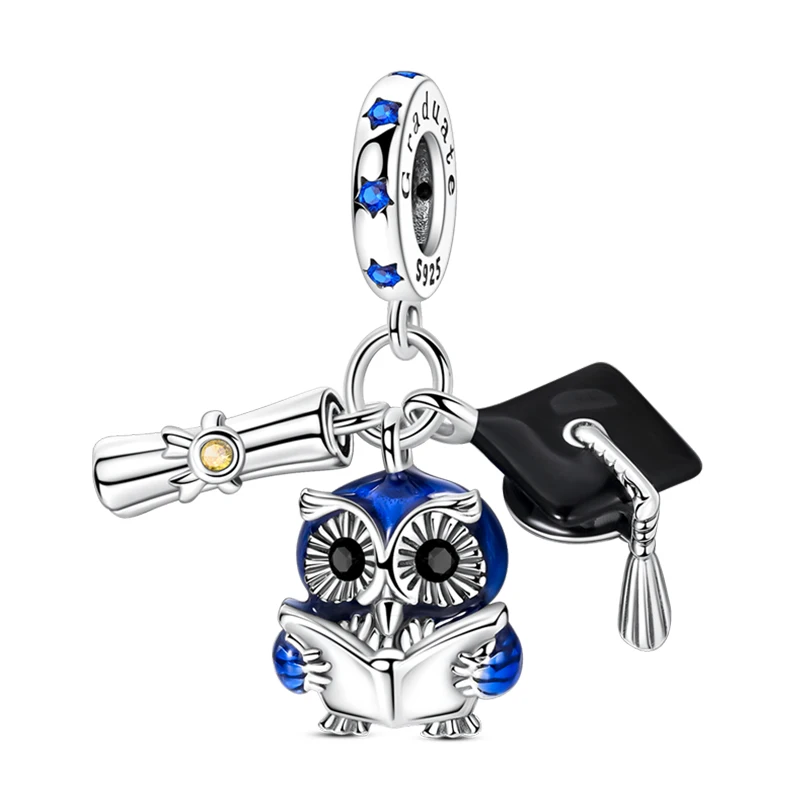 S925 Silver Color Graduation Certificate Bachelor's Hat Graduation Series Charms Beads Fit Pan Original Bracelets DIY Jewelry image 3
