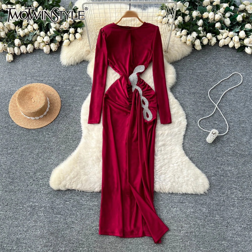 

TWOTWINSTYLE Design Sense Slimming Dresses For Women Round Neck Long Sleeve High Waist Temperament Dress Female New KDR552883