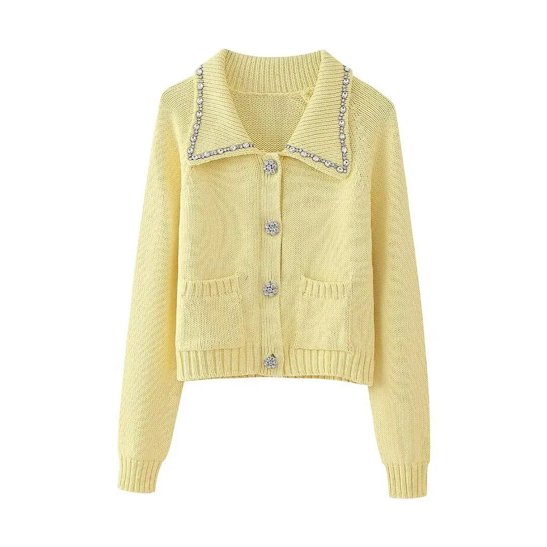 Women's Plain Knitted Cardigan With Rhinestones For Women