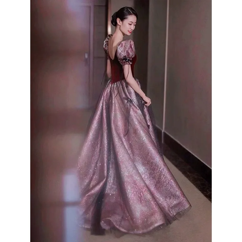 Elegancka suknia wieczorowa z bufiastymi rękawami 2026 Nowa suknia ślubna na toast Egzamin artystyczny Wokalna prowadząca Chór Zaręczyny Sukienka wieczorowa na ramiączkach