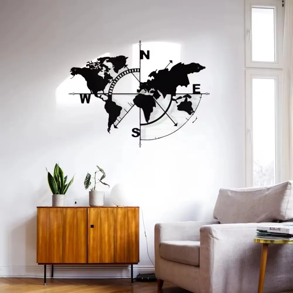 CIFbuy Wrought Iron World Map Wall Art Metal Compass Home Décor Durable Modern Classic Interior Hanging Decor