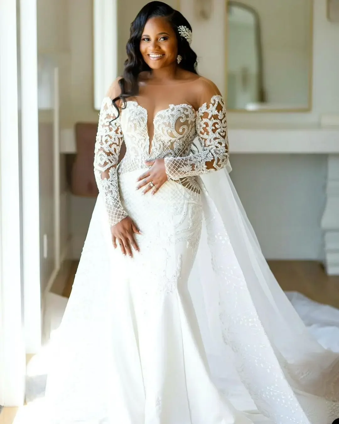 Customized Sexy See Through Lace Appliques Vestidos De Noiva Mermaid Wedding Dresses With Overskirt Long Sleeves Bridal Gown