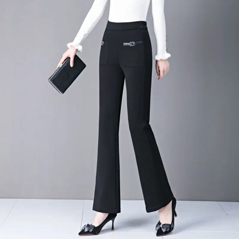 Vintage Striped Pockets Ankle-length Pants Elastic Waist Lattice Flare Pants Slim Three-dimensional Decoration Metal Belt Cotton