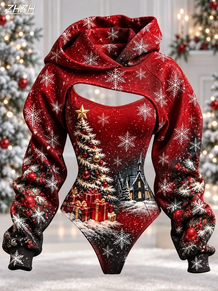 Plaid Christmas Hooded Shrug Bodysuit Set, Xmas Holiday Party, Tartan Bow Snowflake Print, Women POD Long Sleeve Bodysuit