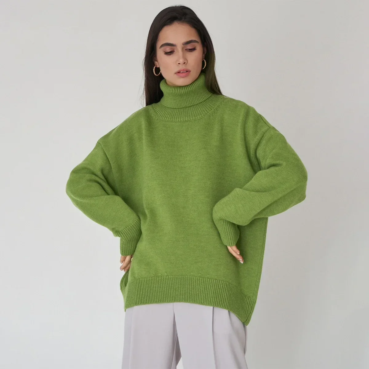 

Solid Color High-neck Sweater 2024 European and American Autumn and Winter Loose Knit Sweater Pullover Sweater Female