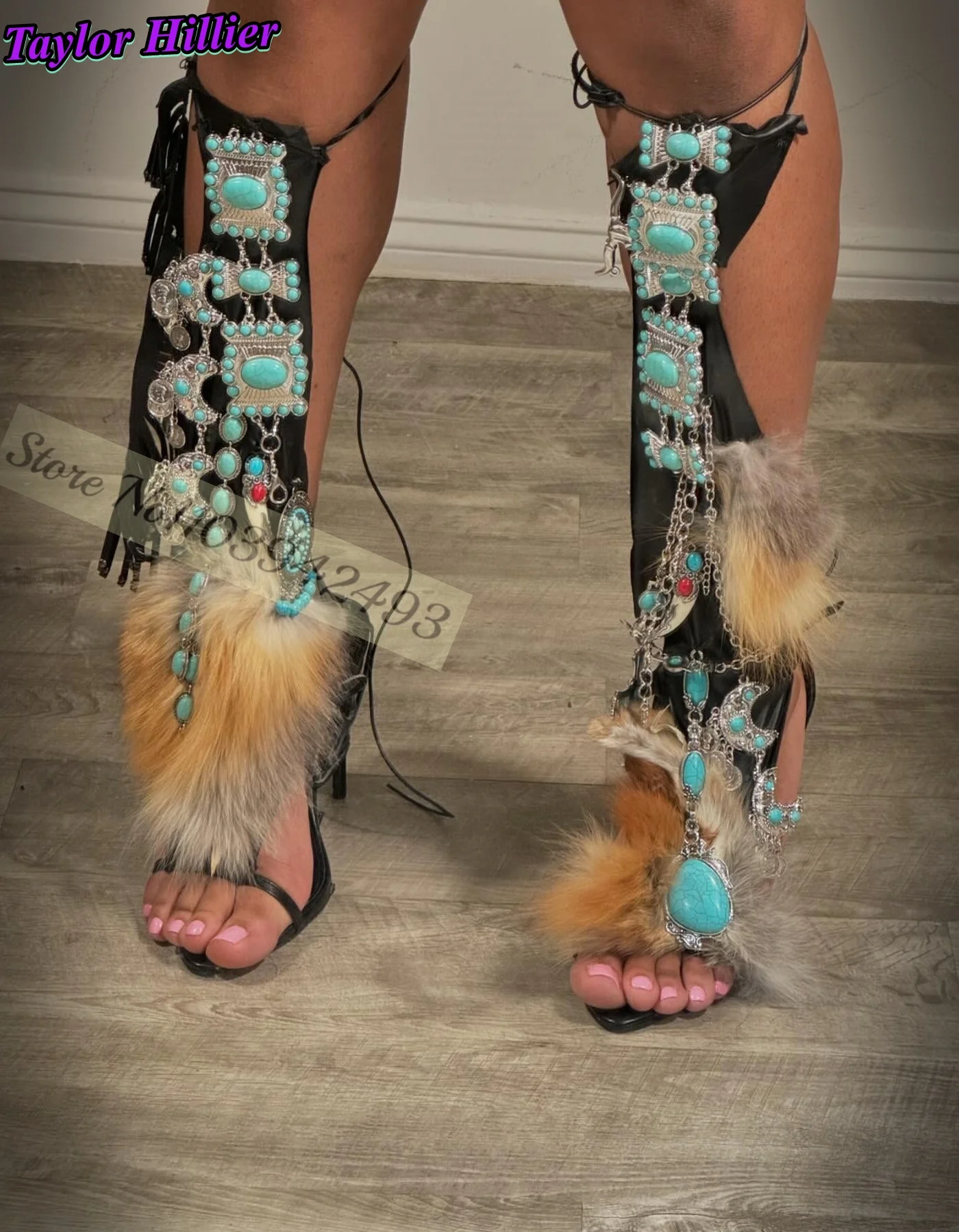 

Gladiator Heels Turquoise Fur Wrap Sandals Women Shoes Mixed Color Roman Thin High Heel Pointed Toe Sandalias De Mujer Summer
