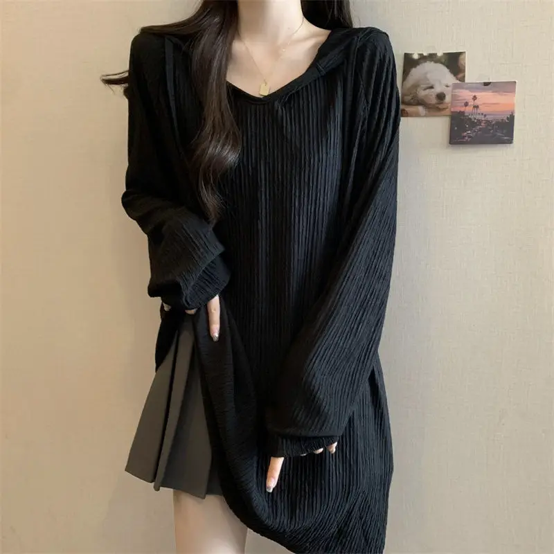 Women Trendy Simple Casual Oversize Hooded T-shirt Korean Solid V Neck Long Sleeve Tees Textured Chic Tunic Tops Female Clothing