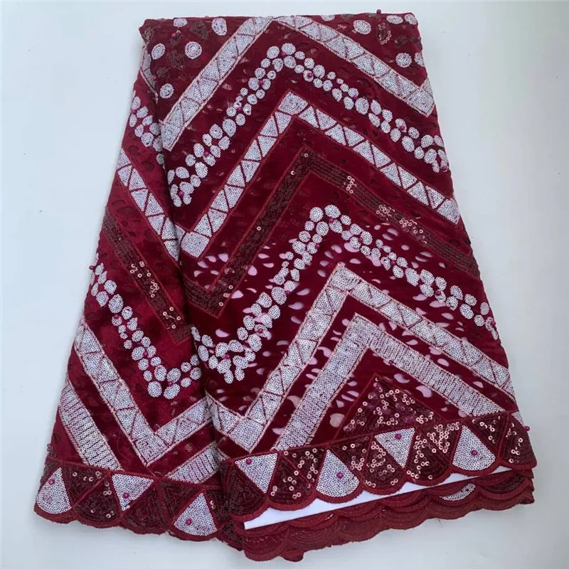 

5 Yard Nigerian Flocking Velvet Sequins Lace Fabric High Quality African Heavy Beaded And Pearls For Woman Party Dresses PSJF621