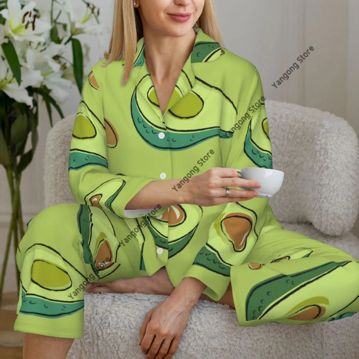 

Women Sleepwear Pajamas Avocado With Bone Long Sleeve Pijama Female Set Negligee Cardigan Suit