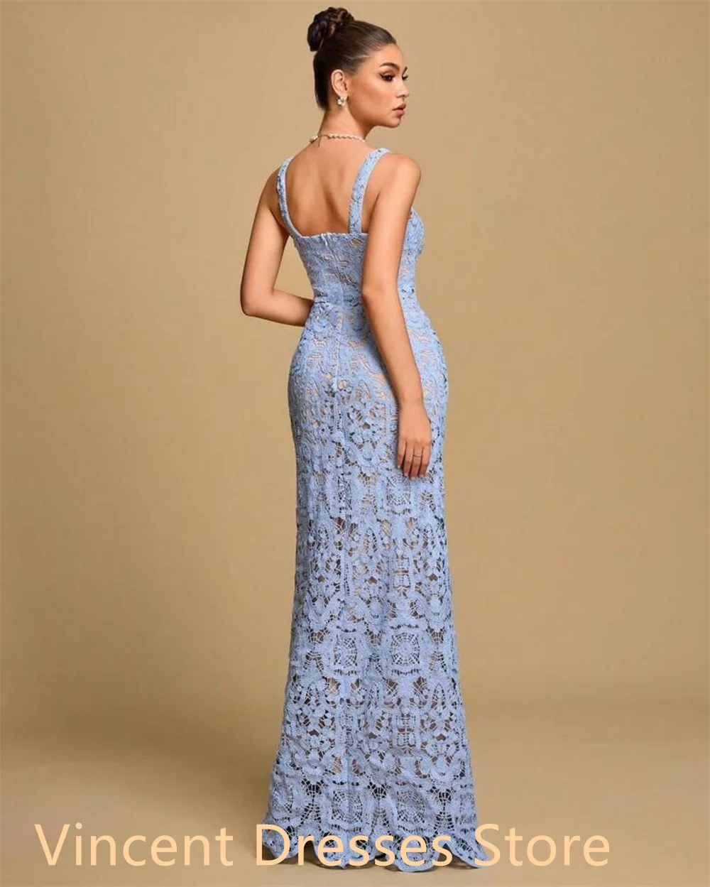 فستان جيرسي أزرق مخصص عالي الجودة لحفلات العودة للوطن رائع بدون حمالات أشرطة سباغيتي حورية البحر بسحاب خلفي رداء السهرة