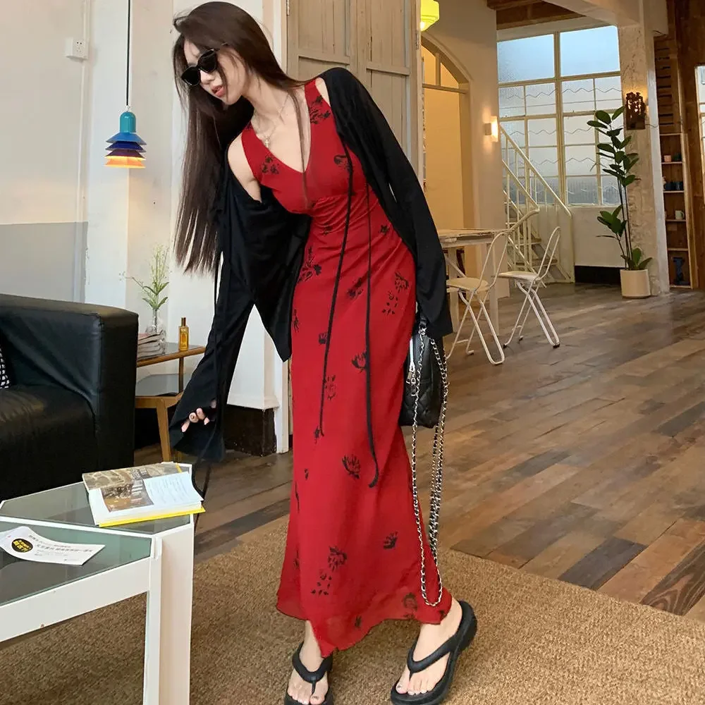 

Women Suit Red Floral V-neck Sleevelss Long Dress Summer New Vintage Slimming Camisole Dress Set Black Cardigan Two Pieces Set