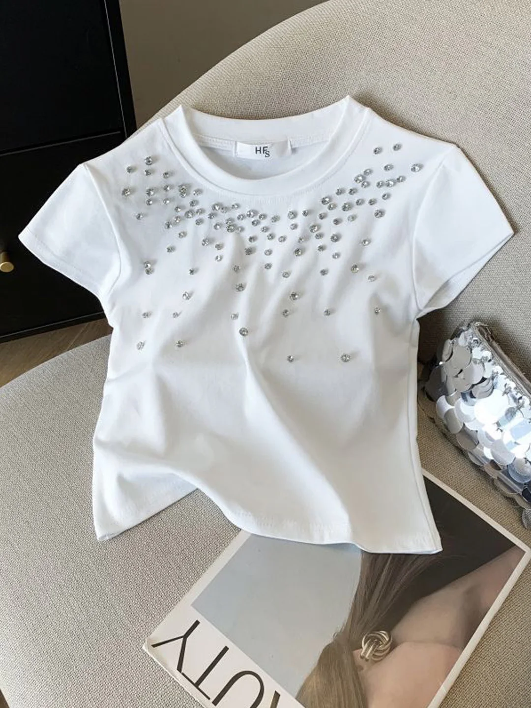 

Женская летняя футболка Dopne Sweet Cool с бриллиантовой отделкой, коротким рукавом, облегающая, с завышенной талией, для ярких образов