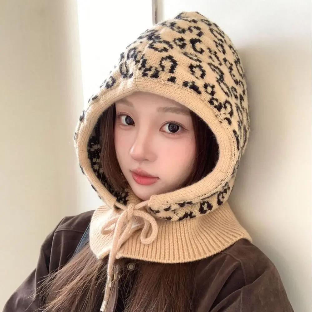 Stylish Windproof Leopard Balaclava Hat Acrylic Blend Knit 2-in-1 Hat Neck Scarf Drawstring Adjustable Knitted Hood Hat Autumn